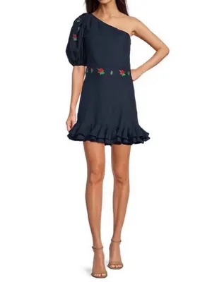 FANM MON Navy Linen Mini Dress with Floral Embroidery | XS thumbnail 2