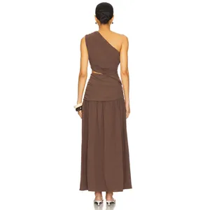 4th & Reckless Yara Maxi Linen Blend Chocolate Ruched Cutout Dress NWT Large thumbnail 3