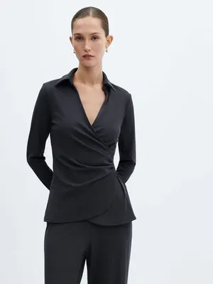 Mango Belinda Wrap Top Blouse V Neck Collared Charcoal Gray Ribbed NWT thumbnail 4
