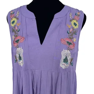 Entro Womens Tunic Tank Top Sleeveless Embroidered Floral‎ V Neck Purple Small thumbnail 2