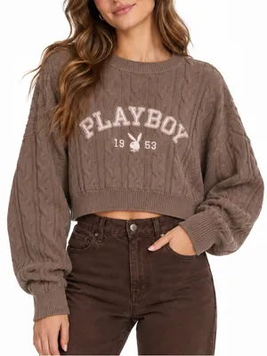 Playboy X Pacsun Cable Knit Cropped Sweater S Brown Y2k Preppy Varsity Coquette thumbnail 1
