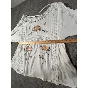POL Embroidered Floral Lace Blouse Women‎ S White WFT45 Boho Crochet Pintuck Top thumbnail 7