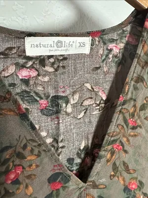 NATURAL LIFE Green Floral V Neck Mini Dress Pockets Boho Forest Brown XS thumbnail 6
