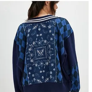 Free People Lucy Sweatshirt navy blue mixedmedia argylebandana print size Small thumbnail 2