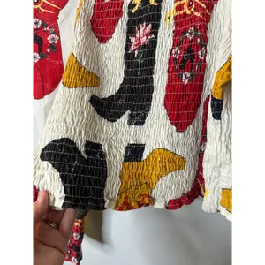 Boutique Black Red Cowboy Boots Square Neck Smocked Top size Small thumbnail 5