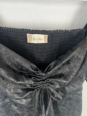 Title: Altar’d State Black Satin Floral Puff Sleeve Open Back Mini Dress M thumbnail 3