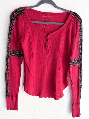 Free People We The Free Thermal Henley Top Red Long Sleeve 2000s thumbnail 1