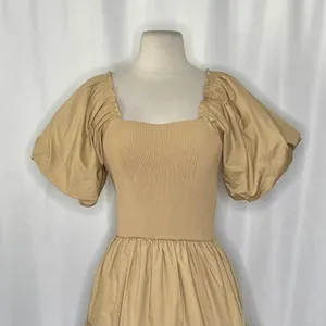 NWT! ENDLESS ROSE Mix Media Mini Dress Latte Brown Puff Sleeves Corset Bodice XS thumbnail 3