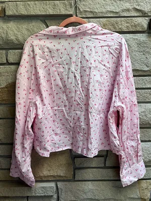 LOUNGE Pajama Set Cropped Button Up Shorts Pink Ditsy Floral Cotton XL thumbnail 4