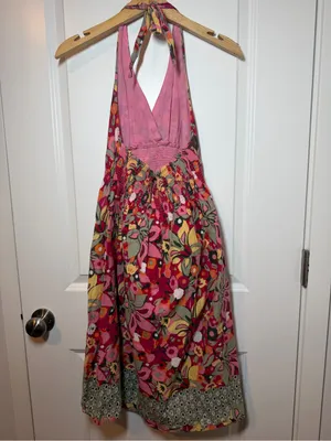 No Boundaries Pink Floral Boho Cotton Halter Midi Dress with Multicolor Print thumbnail 4