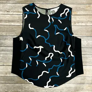 Diane Von Furstenberg Black Blue Ivory Sleeveless Scottie Wool Silk Top Medium thumbnail 6