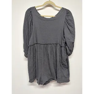 Free People Beyond Obsessed Romper Gray Puff Sleeve Babydoll Boho Small thumbnail 2