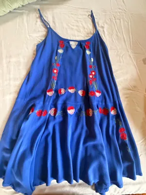 Umgee Blue Embroidered Floral Swing Dress Size M Boho Sleeveless Sundress thumbnail 1
