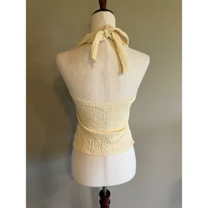 See You Monday Yellow Popcorn Crinkle‎ Halter Top Cinch Front V-Neck Size Medium thumbnail 2