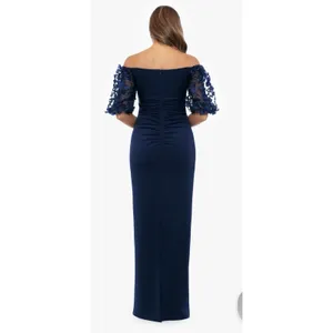 Xscape "BERNICE" TECHNO‎ SCUBA 3D FLORAL SLEEVE FLOOR LENGTH DRESS Navy Size 4 thumbnail 3