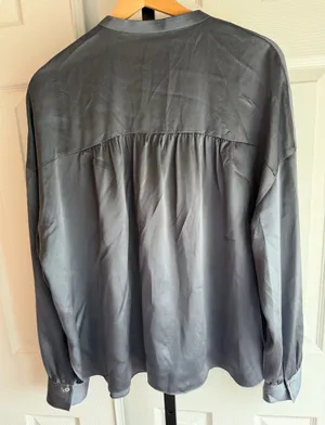 Vince Satin Striped Long-Sleeve Blue Blouse Neck 100% Silk Size: L thumbnail 2