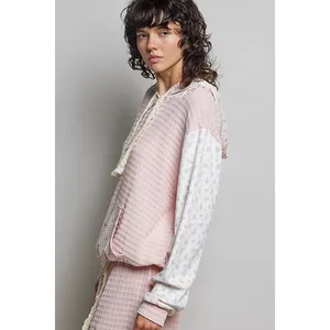 POL Mixed Knit Contrast Print Sleeve Hoodie with Kangaroo Pocket - Pink - Small thumbnail 2