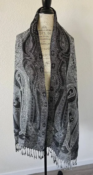 Vintage Intricate Paisley Pashmina Shawl – Metallic Silver & Black Large Wrap​ thumbnail 1