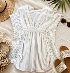 Sea Spice Resort White Crochet Sleeve Cover Up Tunic Dress Large thumbnail 1