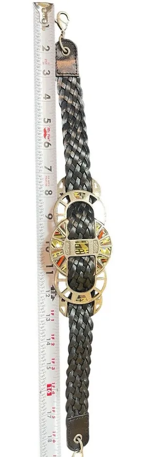 Y2K Chicos Black Braided Leather Chain Belt Enamel Concho Medallion Boho Western thumbnail 1