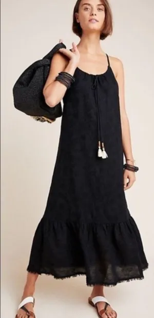 Anthropologie black linen maxi dress size XS ruffle oversize vacation minimalist thumbnail 1