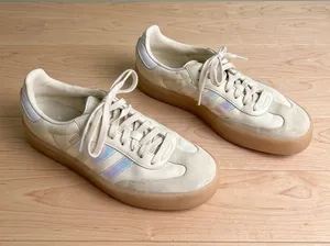 adidas Women's Cream Suede Sneakers with Iridescent Three Stripes thumbnail 1