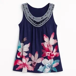 Anthropologie XS Navy Floral Tank Top Boho Beaded Scoop Neck Embellished Blouse thumbnail 5