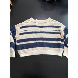 Urban Outfitters Striped Cropped‎ V-Neck Knit Sweater Cream Navy Blue Small Boho thumbnail 4