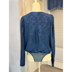 Lulus Navy Blue Floral Jacquard Surplice Long Sleeve Bodysuit Medium Dressy Chic thumbnail 4