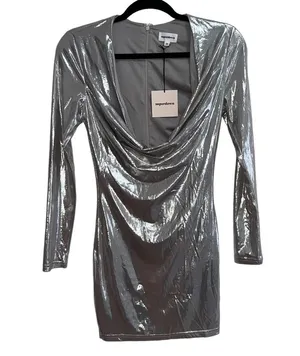 NEW NWT Gwen Long Sleeve Draped Neck Mini Dress In Silver Metallic thumbnail 3