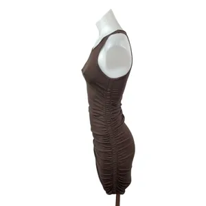 Aritzia TNA Brown High Neck Sleeveless Rucked Tank Cami Mini Bodycon Dress XS thumbnail 3