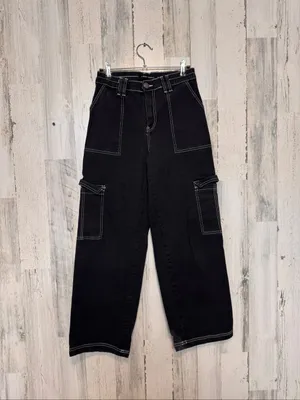 Almost Famous Black Wide Leg Contrast Stitch Cargo Pants Womens Medium Elastic W thumbnail 6