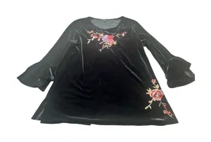 Caleesa Womens Black‎ Velvet Floral Embroidered Tunic Top Bell Sleeve Large thumbnail 1