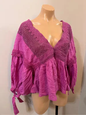Free People Drive You Mad Neon Orchid Large Peasant Swiss Dot Purple Tie Sleeve thumbnail 6
