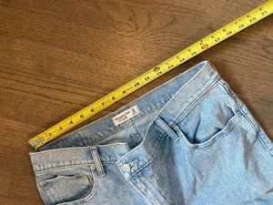 Abercrombie and Fitch Asymmetrical Button Light Wash Denim Jeans: Size 14 thumbnail 4