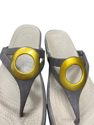 Crocs wms gray faux leather gold ring peep toe sling sandals sz 9W SKU 10-278 thumbnail 11
