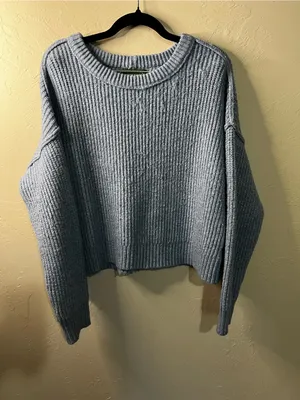 American Eagle Slate Blue Chunky Rib Knit Cropped Oversized Cabincore Sweater thumbnail 2