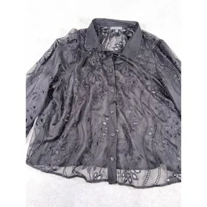 adrianna papell black sheer blouse button up black floral eyelet detail xl‎ thumbnail 2
