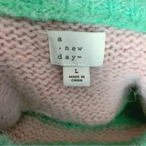 A new day Fuffy Striped Green & Pink Mock Neck Sweater L thumbnail 3