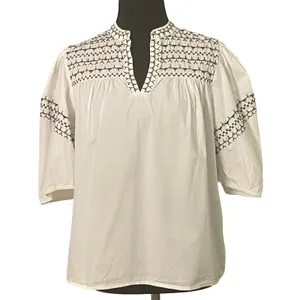 Calligraphie White Embroidered Peasant Blouse Cotton Boho Puff Sleeve Top Small thumbnail 1