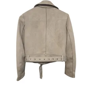 Zara Basic Womens Faux‎ Suede Biker Moto Jacket Sand Beige Belted XS thumbnail 4