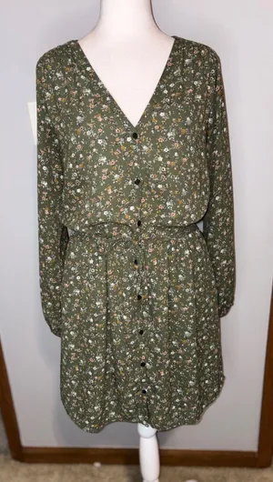 Gap cottagecore‎ Olive Green Ditsy Floral Button Front Long Sleeve Mini Dress thumbnail 1