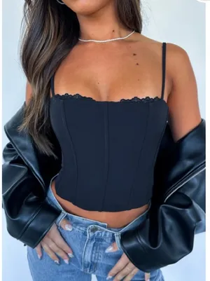 White Fox Boutique Black Lace-Trim Corset Crop Cami thumbnail 1