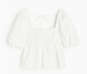 H&M Tie Detail Puff-Sleeved Peplum Blouse. White. Size: Large. thumbnail 2