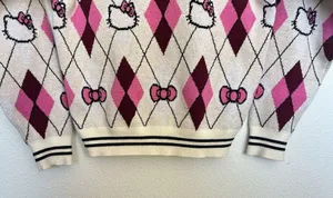 Hello Kitty Argyle Knit Cardigan Sweater Pink Burgundy Preppy Coquette Mall Y2K thumbnail 6