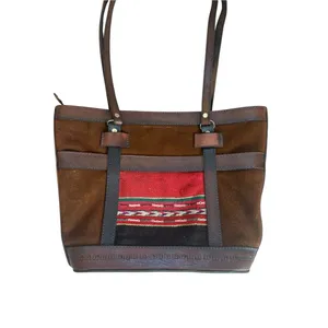 Leather Suede Tote Bag Bolivia Made Woven Boho Chic Aztec Red Brown thumbnail 3