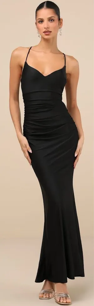 Lulus Elese Black Slinky Knit Lace-Up Mermaid Maxi Dress Size Large NWT Formal thumbnail 1