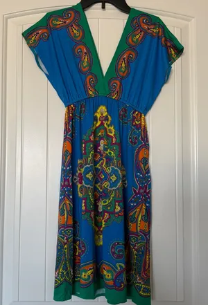Vibrant Boho Paisley Mini Dress 🌈 Deep V Neck Festival Summer Dress | Blue & Green Statement Piece | Size S (Forever 21) ✨ thumbnail 1