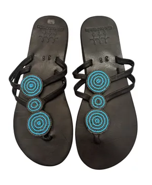 Global Girls Black Beaded Toe-Post Sandals with Turquoise Accents thumbnail 1