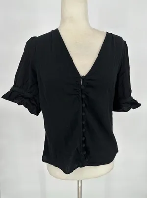 Madewell Top 10 Black Button Short Sleeve Ruffle Neutral Basic‎ Whimsigoth thumbnail 1
